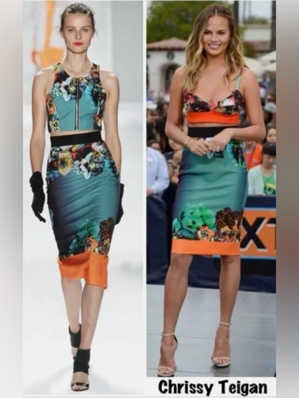 MILLY Teal Floral Pencil Skirt with Orange Trim